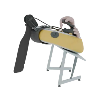3D render of a yellow ergonomic hand gripper with a silver metal stand, showing a hand gripping the device.