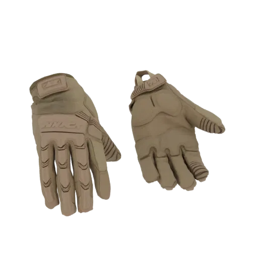 3D model of a pair of tan tactical gloves with reinforced knuckles and adjustable straps, shown from a top-down perspective.