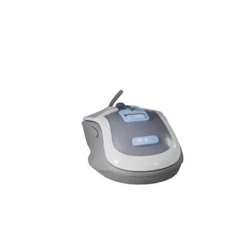 Modello 3D stilizzato Mouse Wireless, rendering isometrico stilizzato, che mostra gusci in plastica, scala da scrivania.