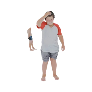 3D model of a young boy wearing red and white shirt and grey swim trunks, scratching his head.