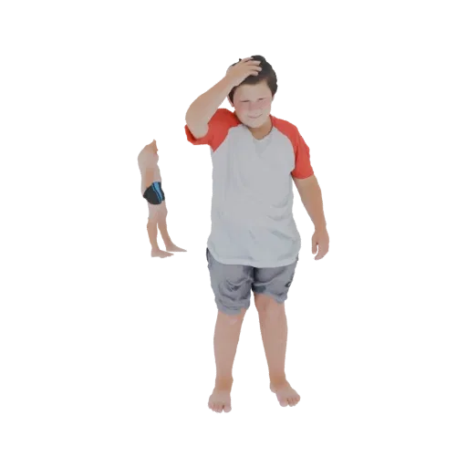 Modelo 3D de um menino vestindo camisa vermelha e branca e bermuda cinza, coçando a cabeça.
