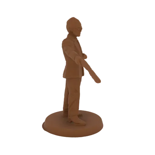 3D model of a professor wearing glasses and a suit, holding a cane, standing on a circular base.