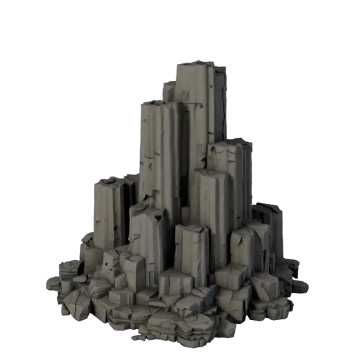 Basalt Column Cluster Low Poly 3D model, game viewport three-quarter view, showing stratified stone, rock faces.
