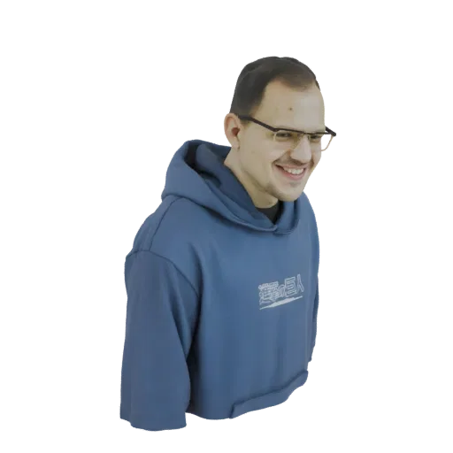 Modelo 3D de um jovem vestindo moletom azul e óculos, sorrindo e olhando para o lado.