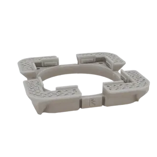 3D render of a light gray pipe clamp with four L-shaped supports featuring textured surfaces, set against a white background.