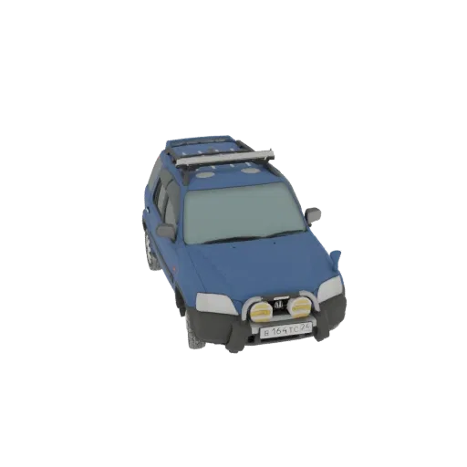 3D-Modell eines blauen Geländewagens mit Dachträger und Zusatzscheinwerfern, von vorne im Dreiviertelblick.