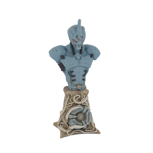 3D model render of a light blue cybernetic warrior bust with red eyes, mounted on a detailed, swirling, grey and beige base with mechanical elements.