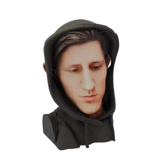 3D model of a young man with short brown hair wearing a dark hoodie, looking down with a pensive expression.