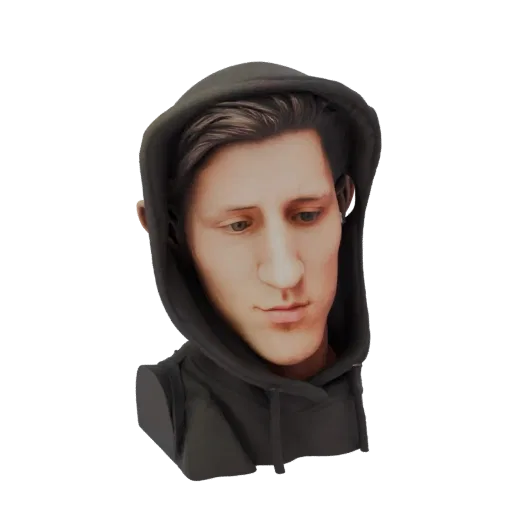 3D-Modell eines jungen Mannes mit kurzen braunen Haaren, trägt dunklen Hoodie, blickt nach unten mit nachdenklichem Ausdruck.