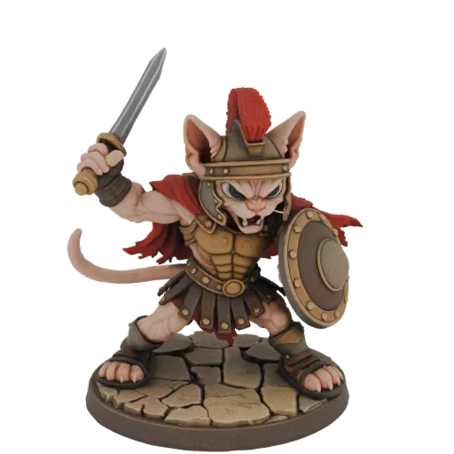 3D model of a cat gladiator in Roman armor, holding a sword and shield, standing on a cobblestone base.