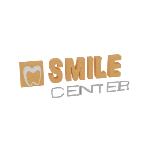 3D render of the "Smile Center" logo, featuring orange 3D text for "SMILE" and silver 3D text for "CENTER", with a tooth icon