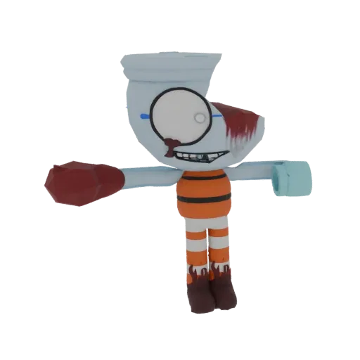 Un modèle 3D d'une version zombie du personnage Cuphead, avec une peau pâle, des blessures sanglantes et des vêtements rayés.