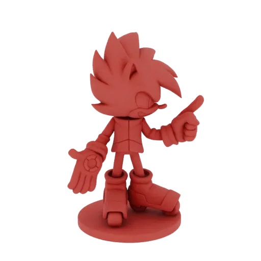 3D model of Sonic the Hedgehog in a red monochrome finish, striking an action pose with one finger pointed.