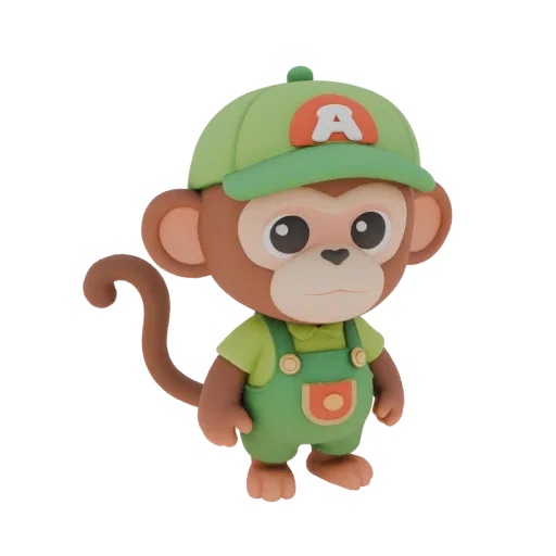 Modelo 3D de fofa macaquinha em macacão verde e boné com a letra A