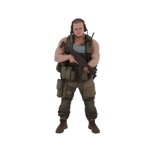 3D model of a muscular soldier wearing a tactical vest and helmet, holding an assault rifle, against a white background.