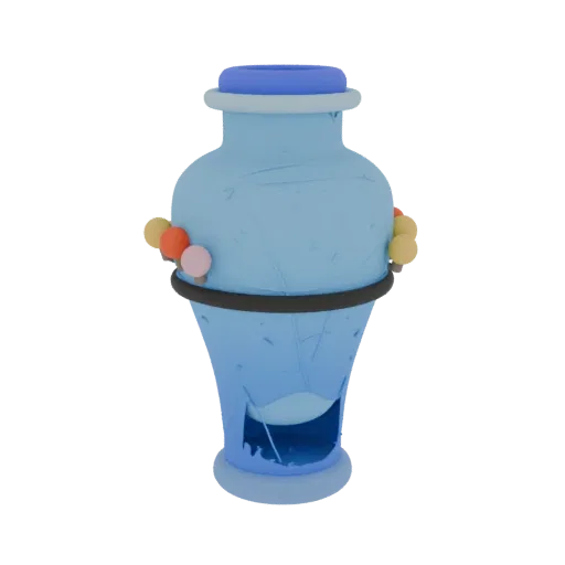 3D model of a creative blue vase with colorful balls and a black rim, on a black background