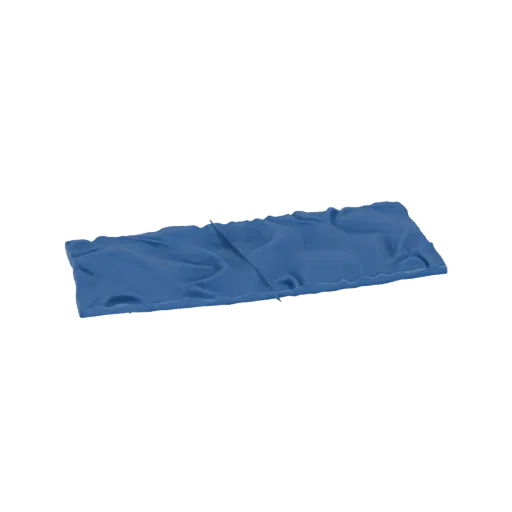 A 3D render of a crinkled blue fabric sheet lying flat with visible folds and creases.
