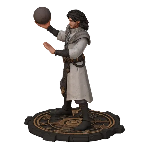 3D model young mage light robes holding magic sphere standing on stone magic circle