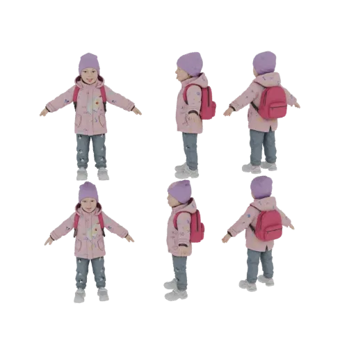 3D model of a smiling little girl wearing a pink jacket, purple hat, and pink backpack, shown from different angles.