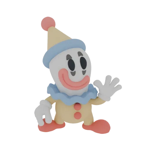 Modelo 3D de un payaso caprichoso con cara blanca, cuello de volantes azules y sombrero de pompón rosa, saludando con una man