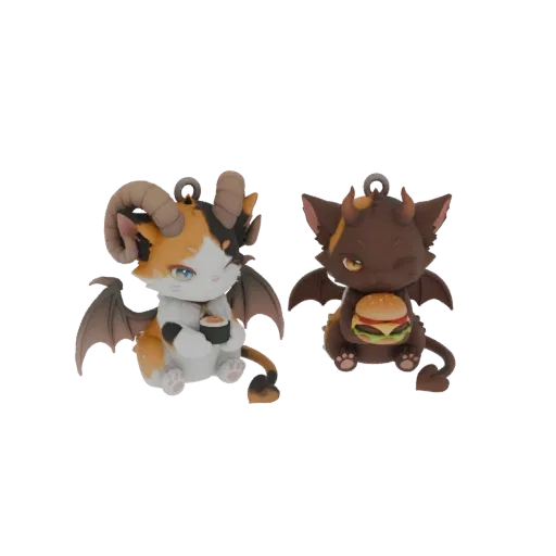 3D render of two chibi dragon cats, one with calico fur holding sushi, the other dark brown holding a burger, both with horns