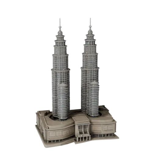 Modelo 3D STL imprimível das Torres Petronas, vista isométrica, mostrando materiais da estrutura do marco histórico e detalhe