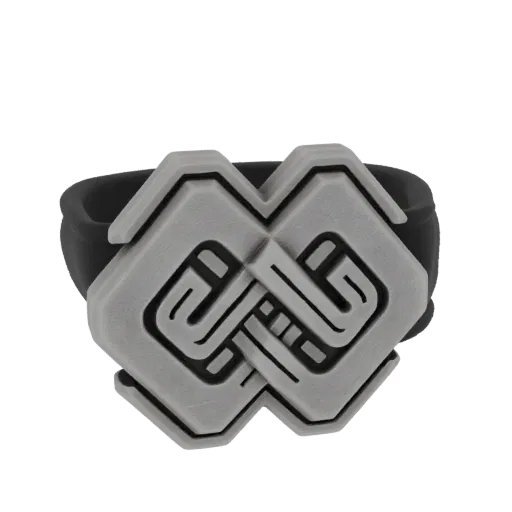 3D model of a ring with a large, interlocking geometric design in a metallic finish and a black band, presented on a black ba