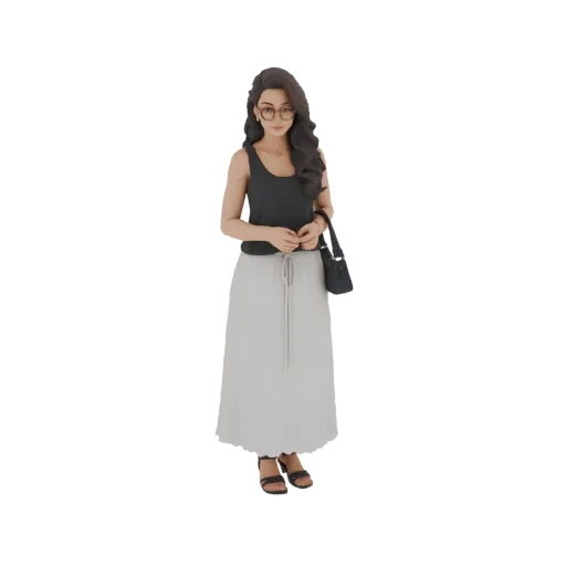 3D model of a woman with dark hair, wearing glasses, a black tank top, and a long white skirt, holding a black handbag.