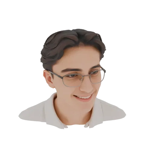 3D-Modell eines jungen Mannes mit kurzen braunen Haaren, Brille und weißem Hemd mit Kragen, lächelnd.