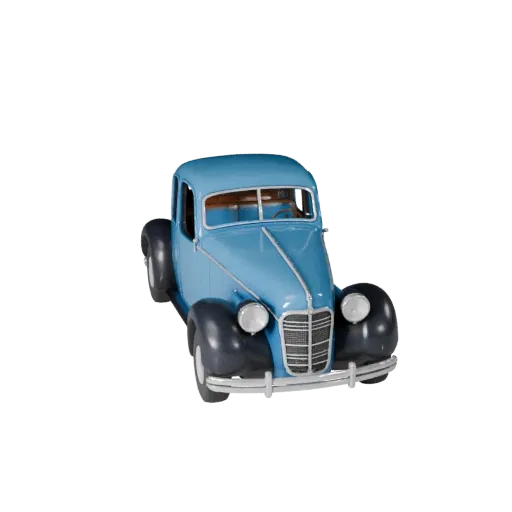 Modello 3D auto d'epoca, vista studio tre quarti, asset veicolare pronto per Blender con silhouette costruita appositamente e