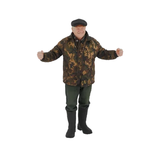 3D model of a smiling man in a camouflage jacket and dark boots, with arms outstretched.
