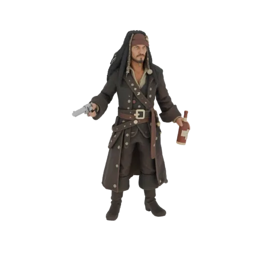 3D model of Captain Jack Sparrow in pirate costume with pistol and rum bottle