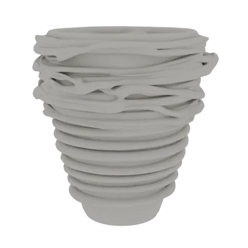 A 3D render of a textured cylindrical vase with layered, organic bands and a matte grey finish.