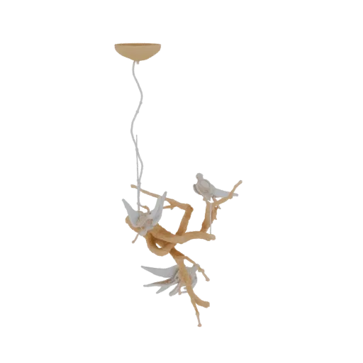 3D model of a whimsical chandelier with white birds perched on a brown, twisting branch, suspended by a white cord.