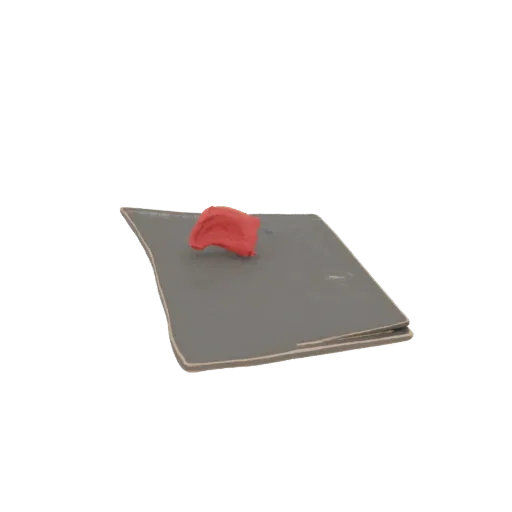 3D render of a bright red clay blob resting on a flat grey paper surface, isolated on a black background.