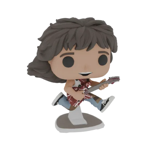 3D model of Eddie Van Halen in Funko Pop! style, playing a guitar with a dynamic pose and wild hair.