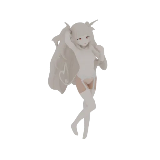 3D-Modell eines weiß gekleideten Anime-Katzenmädchens mit langen, fließenden Zöpfen und roten Augen, in einer verspielten Pos