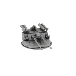 3D-Modell eines grauen Quad Autocannon Turms mit vier Läufen und zwei Raketenwerfern oben, vor weißem Hintergrund.