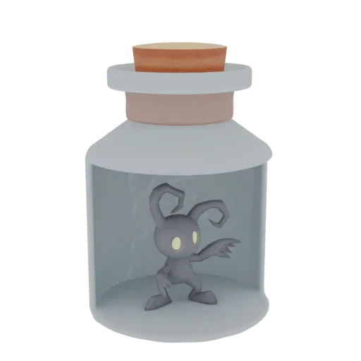 3D model of a darkside creature with glowing yellow eyes, trapped inside a clear glass bottle with a cork stopper.