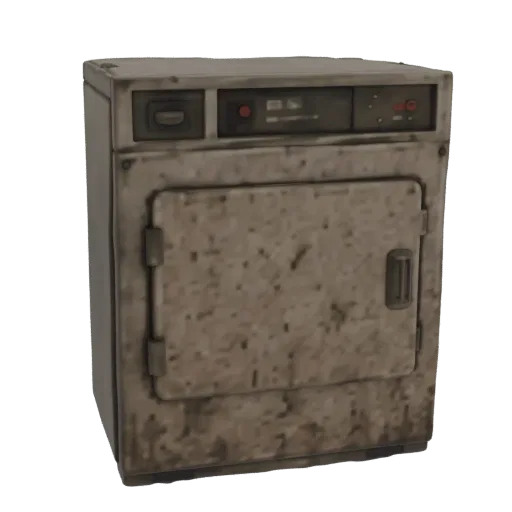 Um modelo 3D de uma secadora industrial desgastada com um exterior metálico texturizado e sujo e uma porta de carregamento fr