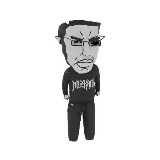 A 3D model of a stylized bobblehead character with a large head, glasses, and a logo sweatshirt, presented against a white ba