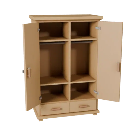 Wall Mounted Wardrobe Low Poly 3D model, bedroom, game viewport three-quarter view, painted wood detail.