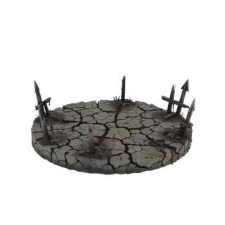 3D-Modell einer runden Basis mit rissiger Erdtextur, scharfen Holzstacheln und Blutspritzern, geeignet für Wargaming.