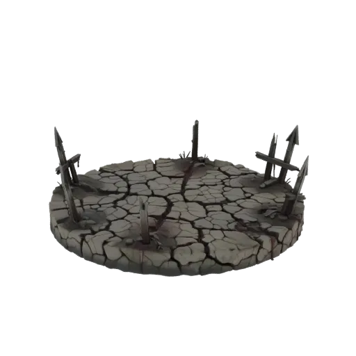 3D model of a circular base with cracked earth texture, sharp wooden spikes, and blood splatters, suitable for wargaming.