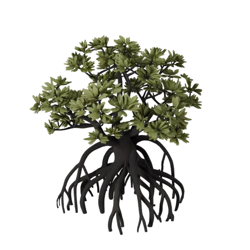 Stilisierte Mangrovenwurzeln 3D-Modell, stilisierte isometrische Umgebungsrenderung, die Blattbüschel und Geländedetails zeigt.