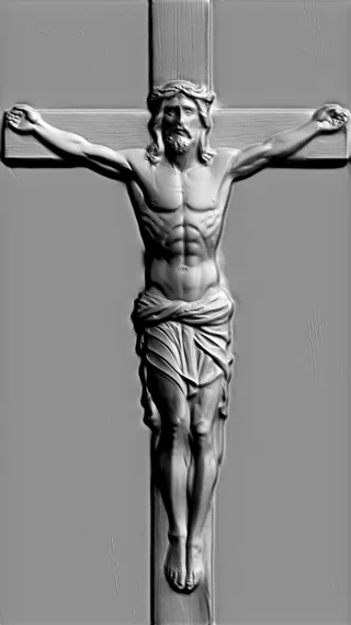Modello 3D di bassorilievo di Gesù Cristo sulla croce, ad alta risoluzione, con anatomia e texture dettagliate.
