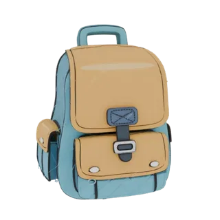 Modelo 3D de uma mochila estilo cartoon com corpo azul e abas e bolsos cáqui, apresentado sobre fundo branco.