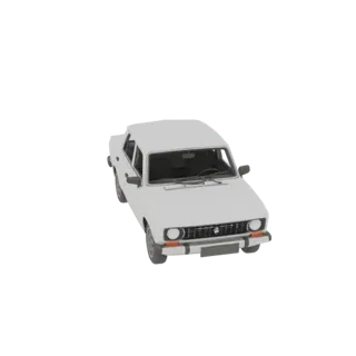 Modello 3D della berlina bianca VAZ-2107 con ruote grigie, vista frontale