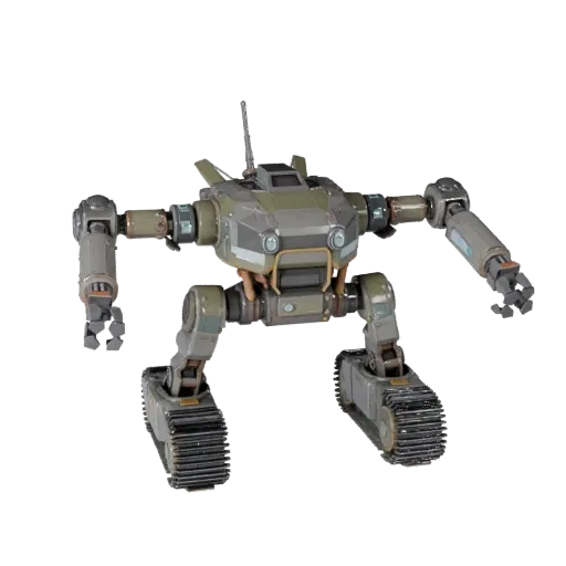 Crawler Style Robot Stylized 3D model, stylized isometric render, showing metal frames, robot form.
