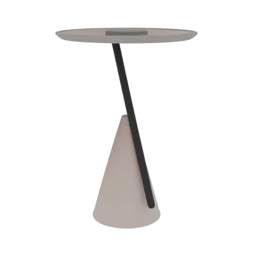 Modelo 3D de una mesa auxiliar moderna con base cónica beige y soporte angular oscuro sosteniendo un tablero circular gris cl